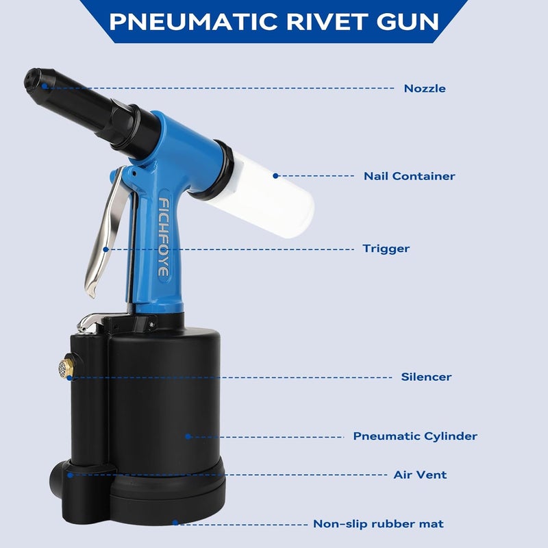 FICHFOYE Store Heavy Duty Pneumatic Rivet Gun, 4000LBF Air Rivet Gun Set- 3/32", 1/8", 5/32", 3/16", 1/4" Riveter with NPT 1/4 inch for Automotive, Construction, Manufacturing Industries - Image 4